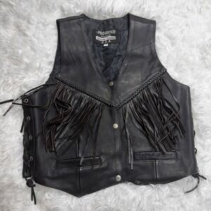 Women's 18 Fringe Leather Vest Moto Biker Festival Tassels Black Pro Rider USA